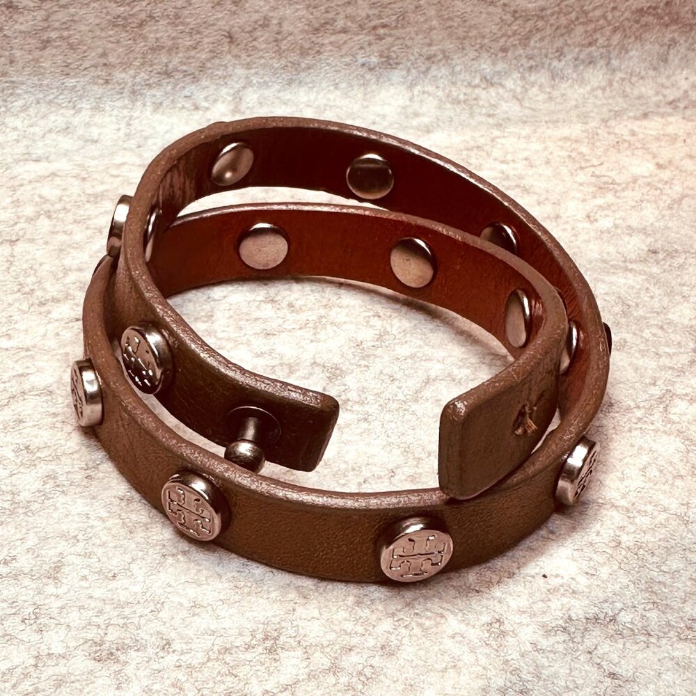 Tory Burch - Leather Double Wrap Logo Studded Bracelet, Brown and Gold